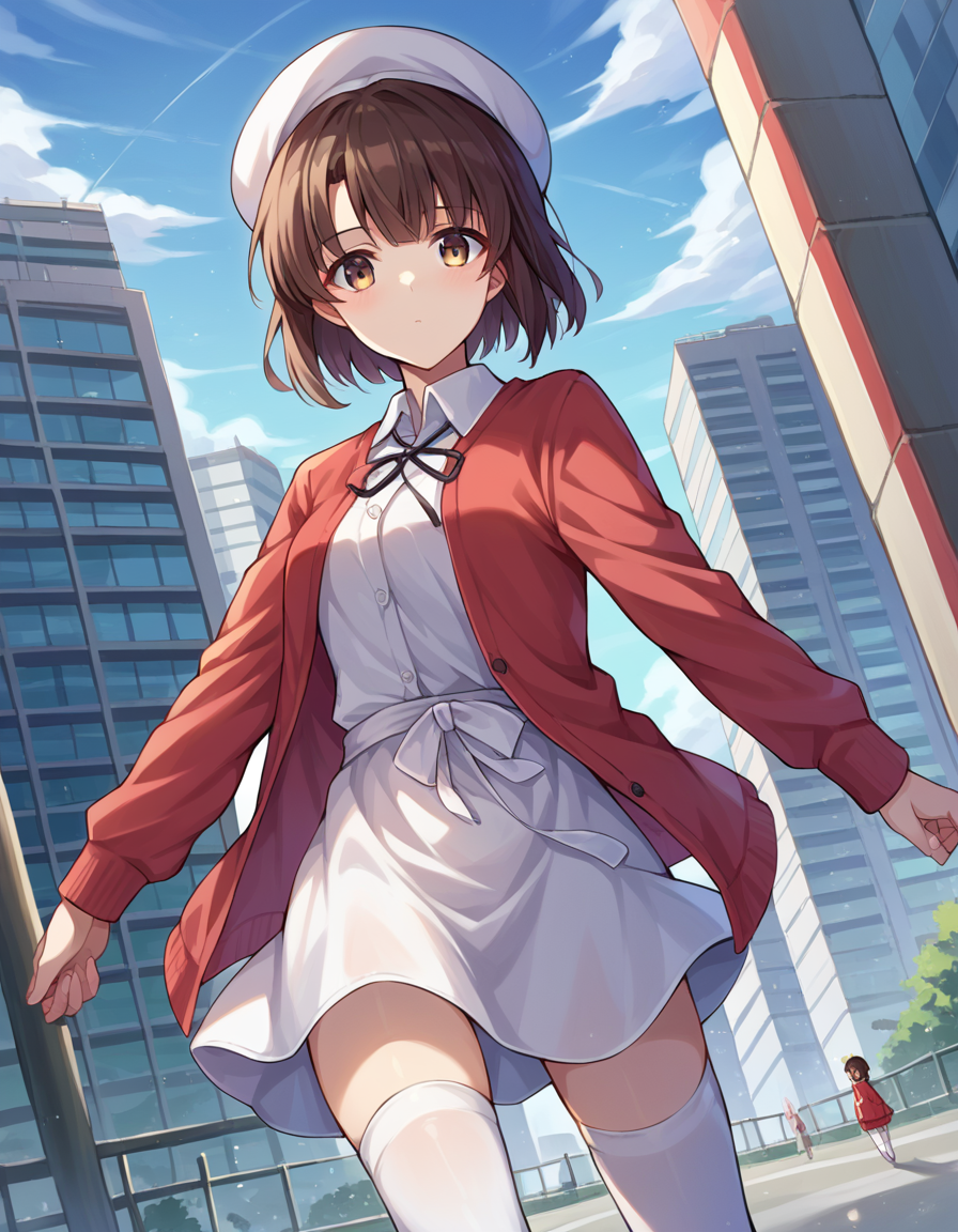 score_9, score_8_up, score_7_up, source_anime,
megumikatou, <lora:megumi-katou-ponyxl-lora-nochekaiser:1>
megumi katou, brown hair, brown eyes,
short hair, hat, jacket, long sleeves, thighhighs, white headwear, white thighhighs, dress, white dress, red jacket, white hat, open cardigan, open clothes,
outdoors, cityscape,
looking at viewer, dutch angle, cowboy shot,