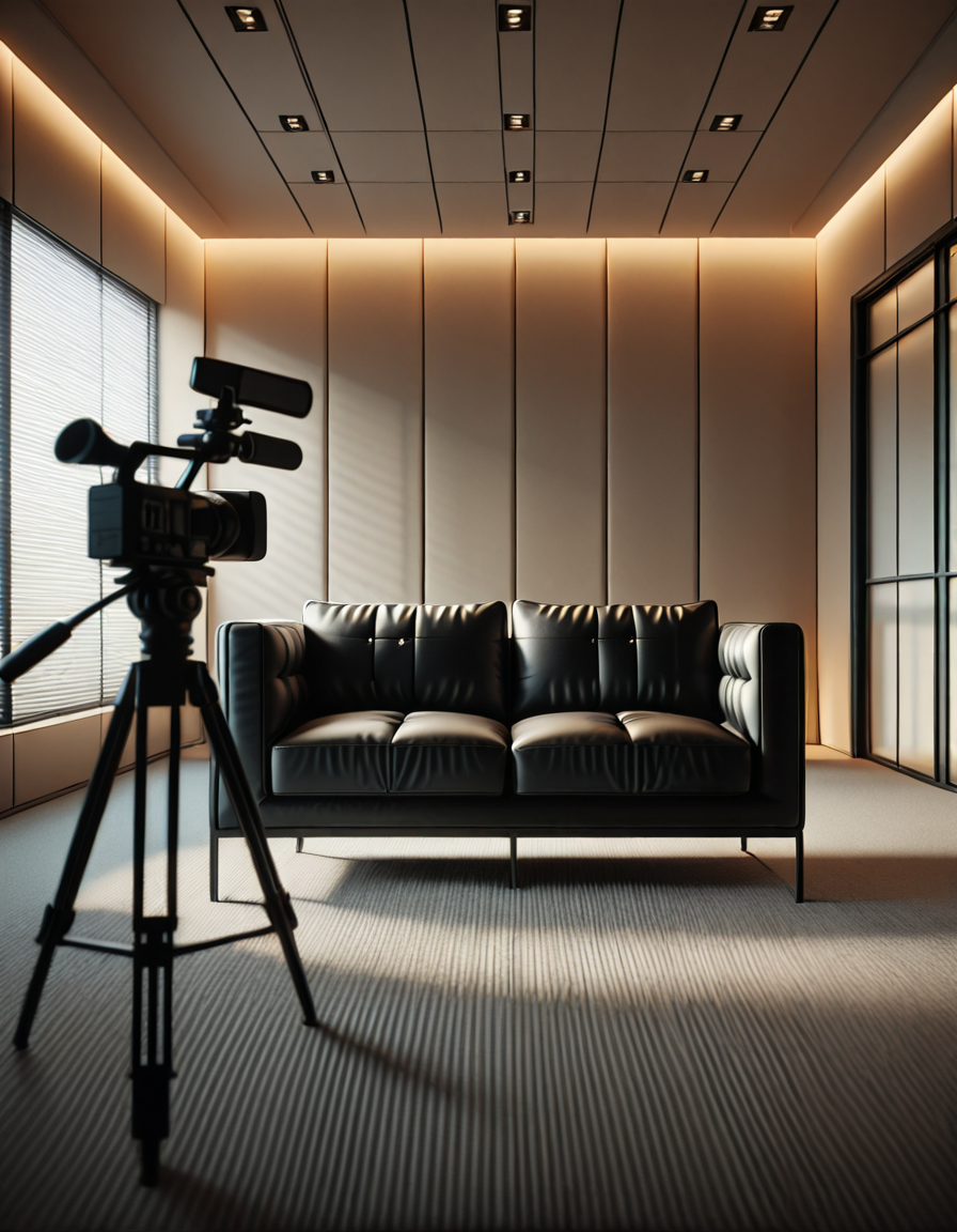 A high-quality, realistic photograph of a modern casting office interior featuring a simple black leather couch positioned against a plain white wall. The couch is sleek, clean, and minimalist in design, with smooth cushions and subtle stitching details. In front of the couch is a small, low wooden coffee table with a few neatly stacked magazines and a glass of water. To the side, there's a professional camera on a tripod aimed at the couch, with softbox lights set up to provide balanced, diffused lighting, eliminating harsh shadows. The floor is covered with light gray carpet, adding a soft texture to the scene. The atmosphere is quiet and neutral, resembling a professional interview space. The overall composition is centered and symmetrical, with a clear focus on the furniture and equipment. No people are present. The photograph has a natural daylight tone coming from an unseen window, giving a soft, ambient glow to the room.
<lora:SDXLFaeTastic2400:0.4> <lora:extremely_detailed:0.4> extremely detailed, <lora:C4st1ng_c0uch-i:1>,C4st1ng c0uch, Masterpiece,best quality,hi res,8k,hi res,8k,award winning,(sharp focus, intricate, highly detailed),