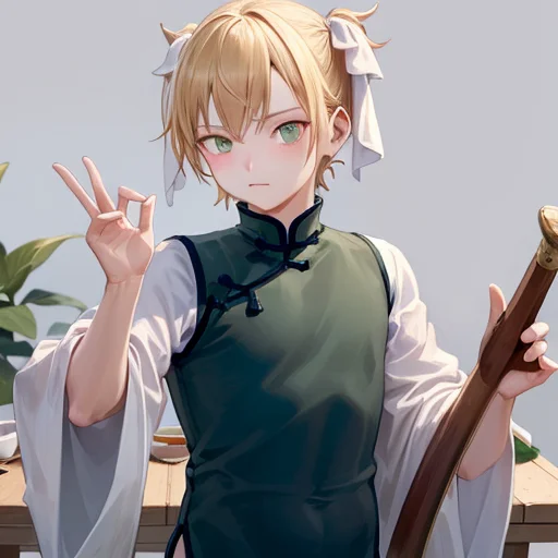 masterpiece, best quality, 1boy, blonde hair, green eyes, yaozhi\(china-cloth\), holding wooden sword, <lora:yaozhi_anm_v15:0.8>,