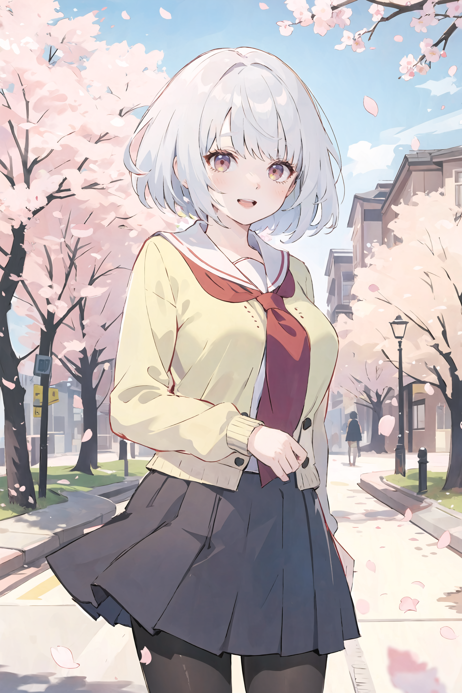 1girl, anby demara, solo, school uniform, white shirt, sweater, pleated skirt, pantyhose, smile, open mouth, looking at viewer, outdoors, street, cherry blossoms, petals, depth of field