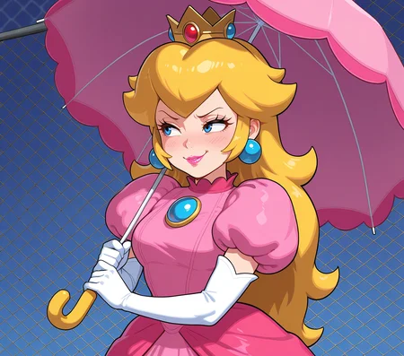 masterpiece, best quality, amazing quality, highres, absurdres,
1girl, adult, solo, meme,
blue background, chain-link fence, standing, character portrait,
princess peach \(mario\), blonde hair, pink dress, blue earrings, lipstick, nintendo, crown, elbow gloves, puffy sleeves,
<lora:George_Constanza_Baseball_Bat_Meme_Illustrious:1> costanza face, skeptical expression, narrowed eyes, smirk, holding object, looking afar, holding umbrella,