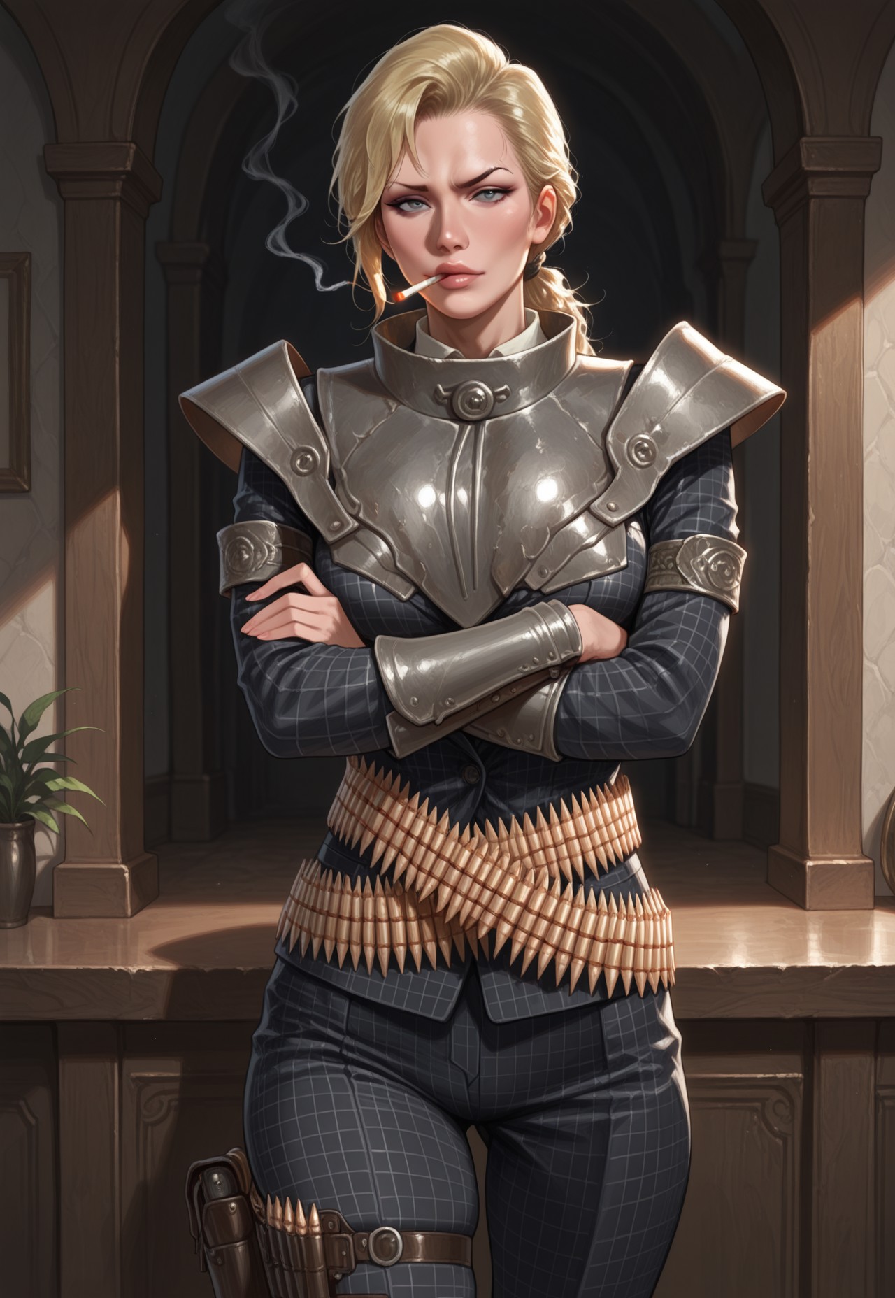 masterpiece, best quality, detailed, realistic, cowboy shot, raised eyebrow, 1girl, solo, magsfo, blonde hair, low ponytail, lips, breastplate, pauldrons, armlets, single vambrace, black checkered suit, ammunition belt, thigh holster, cigarette in mouth, crossed arms,