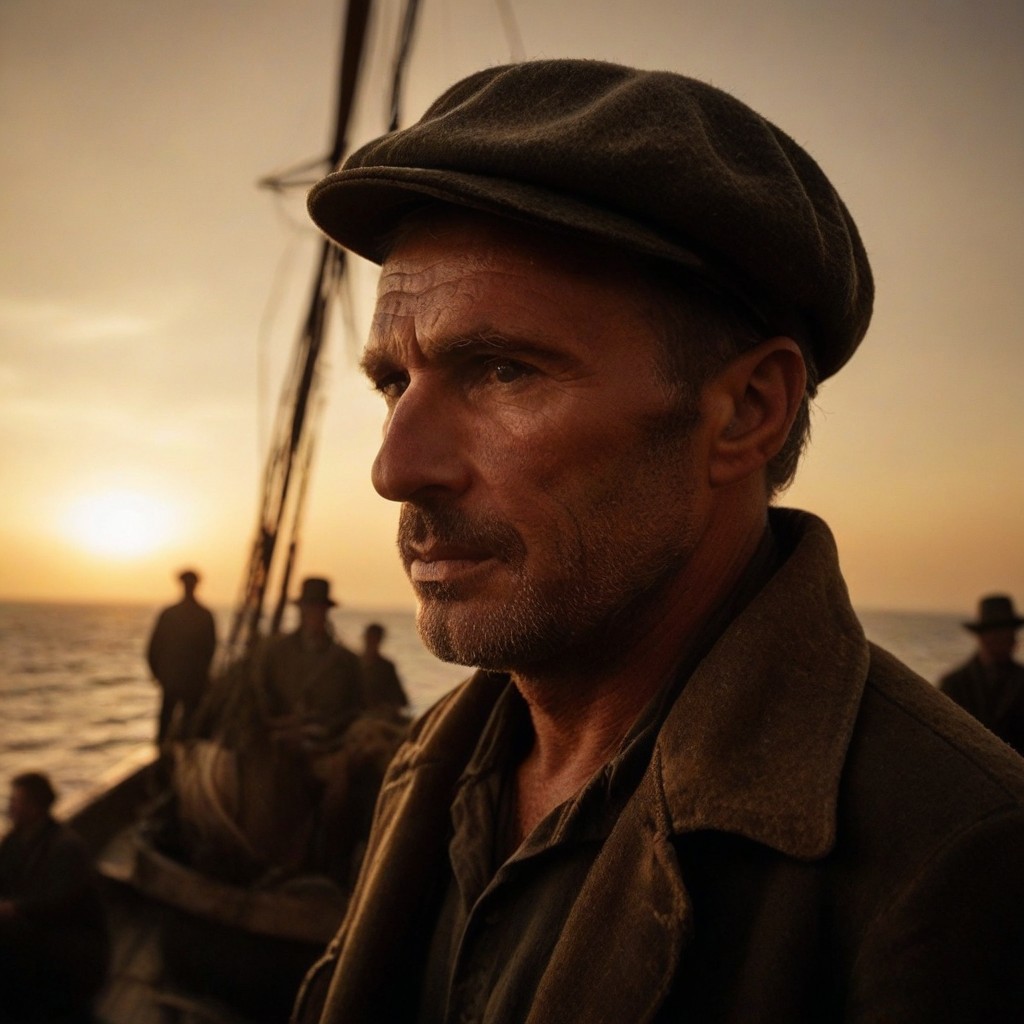 by Dorothea Lange art style, FRESHIDEAS Real Photography 2#, chiaroscuro,  low-key, great lighting, Weathered 17th-century retired sailor’s face, reminiscent of Rembrandt’s subjects, with a rugged, leathery complexion, deep-set eyes, and a strong, angular jawline, etched with hints of a thousand tales and the weight of memories. His face displays the lines of age, set against a backdrop of muted, earthy tones. Dramatic shadows cast an air of nostalgia, while the warm, golden hues of the fading dusk light spill across his face, resembling the soft, diffused glow of a setting sun. In the distance, a faint view of his old whaling ship with sails unfurled, other sailors busy at work, hauling in the day’s catch. The horizon glows warmly as the sun sets, casting an evocative, golden hue over the scene. His eyes gaze into the distance, recalling the adventures of a bygone era