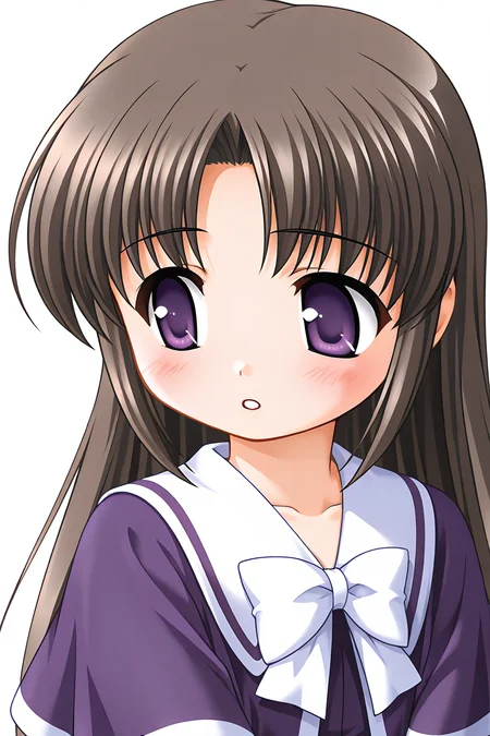 masterpiece, best quality, absurdres, official art, official style, general BREAK <lora:nonoharayui_IL_v1-3:0.7>, nonohara yui, 1girl, solo, purple eyes, brown hair, black hair, parted bangs, long hair, straight hair, flat chest, aged down, school uniform, purple capelet, white sailor collar, white bowtie, sailor dress, purple dress, short dress, white line, short sleeves, close-up, portrait, upper body, eye focus,
bashful, :o, blush stickers, looking away, looking down, open mouth, parted lips, teeth