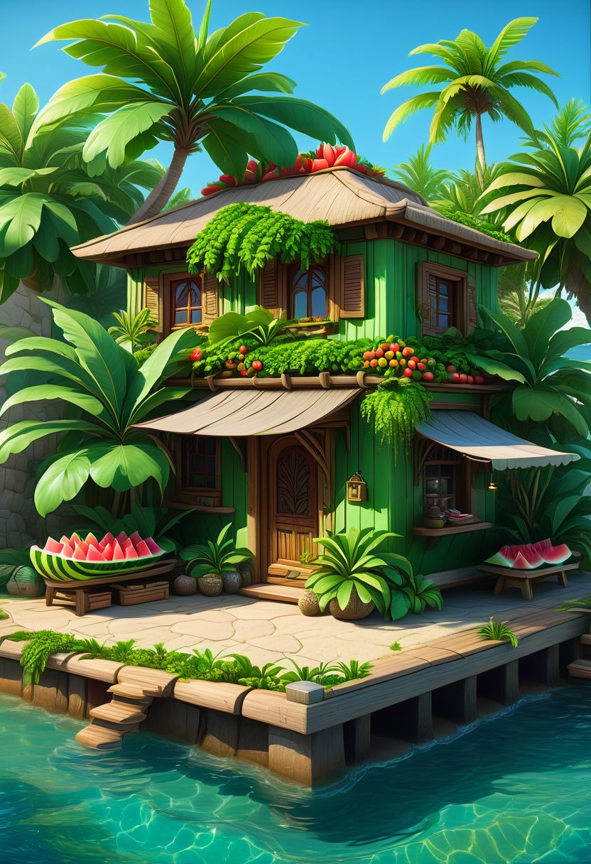 4k resolution,  intricately detailed,  trending on artstation,  ((best quality)),  ((highly detailed)),  masterpiece,  zzDelfinoPlaza,  detailed small house,  small island,  detailed dock,  detailed leaves on roof,  detailed wooden door,  big watermelon,  palm tree