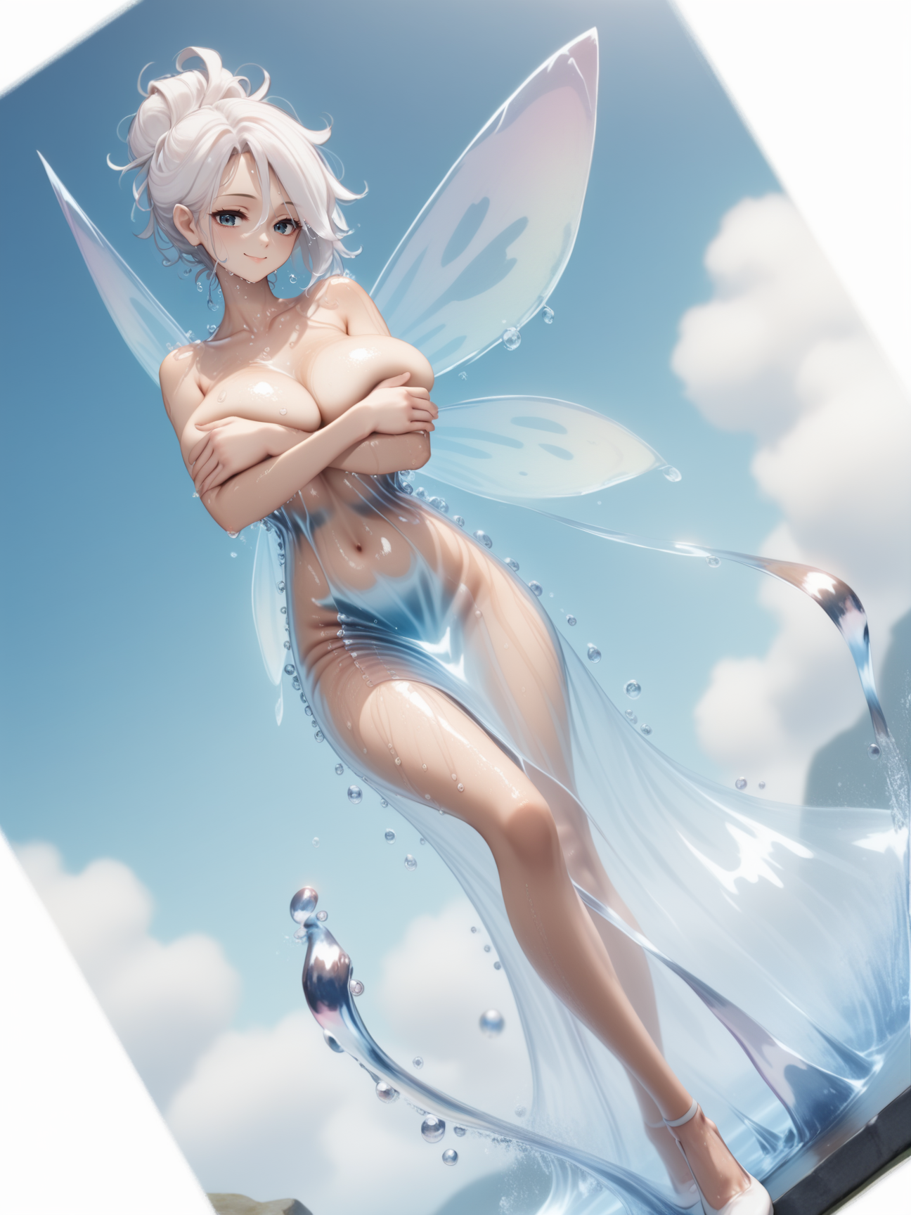 score_9, score_8_up, score_7_up, best quality, masterpiece, 4k, uncensored, perfect lighting, rating_explicit, very aesthetic, anime BREAK
woman wearing a water dress, <lora:water_dress-PD-1.0:1>
white hair, messy hair bun, water wings, water spirit, fairy wings,
huge breasts,
blue background, water drops, splash, (glint), censored, (covering breasts), wet, wet hair, sky, sparkling water, crossed arms,
slight smile, looking at viewer, sexy, naughty face, full body, dutch angle, white heels