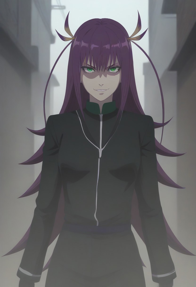 <lora:SlimesKanonIsui:1>, slimes_kanonisui, woman, solo, green eyes, alley background, evil smirk