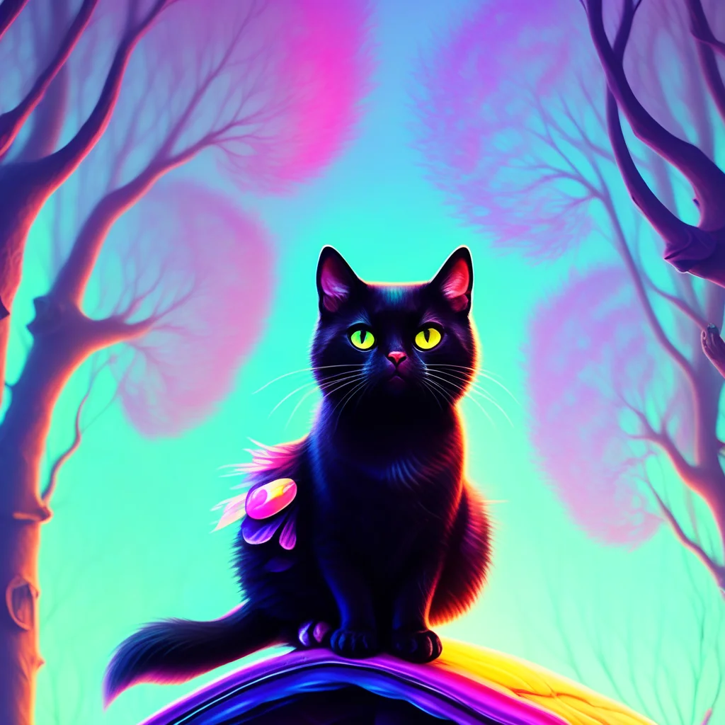 outdoors, glowing, black cat, bare tree, bug, depth of field, colorful, whiskers