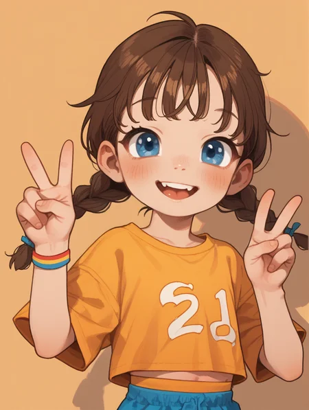score_9,score_8_up,score_7_up,score_6_up,score_5_up,score_4_up,
1girl, solo, cute, petite, blue eyes, brown hair in twin braids,  trendy clothes, looking at viewer, happy, peace sign,
 <lora:1StS_age_slider_v1_initial_release2:-4>
 <lora:PossumMachine_v2:1>