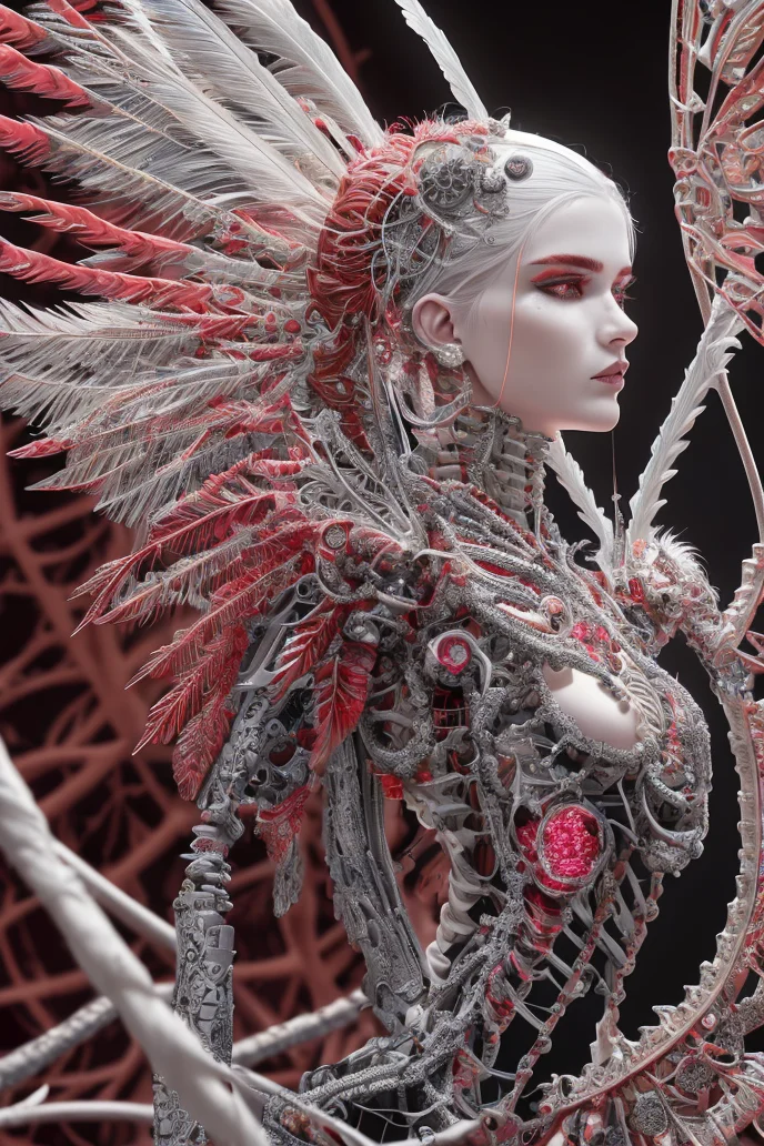 complex 3d render ultra detailed beautiful death angel, biomechanical cyborg, analog 150 mm lens, beautiful natural soft rim light, crystal feathers, roots, fine foliage lace, colorful details, Boris Bidjan Saberi outfit, pearl earrings, piercing, art nouveau fashion embroidered, intricate details, mesh wire, mandelbrot fractal, facial muscles, cable wires, microchip, badass, hyper realistic, ultra detailed, octane render, volumetric lighting, 8k post-production, red and white with a bit of black, detailled metalic bones, semi human, iridescent colors, Glenn Brown style, futuristic room, power of the god, high-angle shot, complex body poses