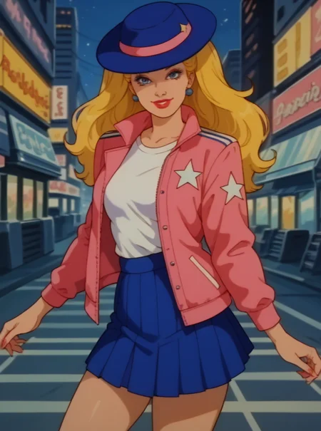 score_9, score_8_up, score_8, hud_barbir0ck, retro artstyle, <lora:barbirock-000009:0.8>, long hair, looking at viewer, smile, blue eyes, blonde hair, jacket, shirt, skirt, hat, makeup, lipstick