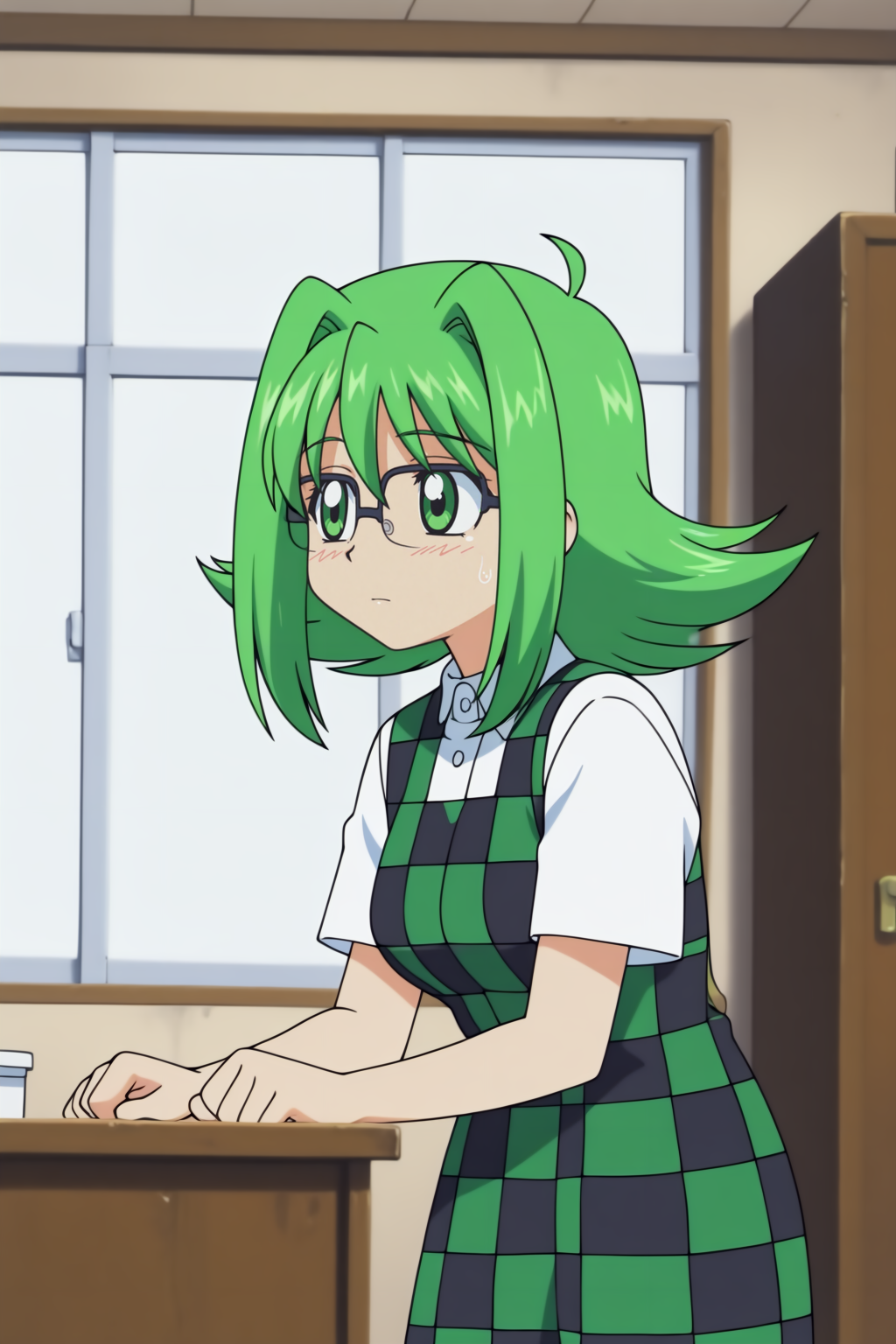 Teacher, newest, anime coloring, checker dress, glasses, white shirt <lora:Eiken-Teacher-illustrious:0.8>