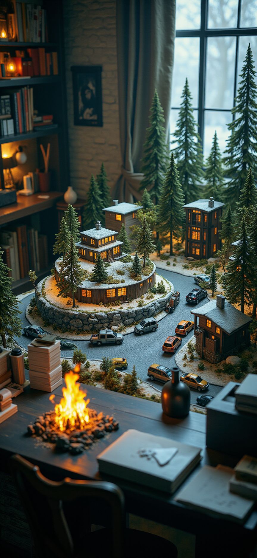 (indoor,very wide isometric view,tilt-shift lens:1.6), (windowless,fna_style,miniature,miniature,diorama,miniature,diorama,PVC,plastic:2),starry night snow,forest,parking lot with crowded  at (floating island,levitating  island:1.5) on (table:2) at (attic:2.5)   <lora:Diorama_Flux:1>
<lora:Fantasy_Novel_Art_Style:1>