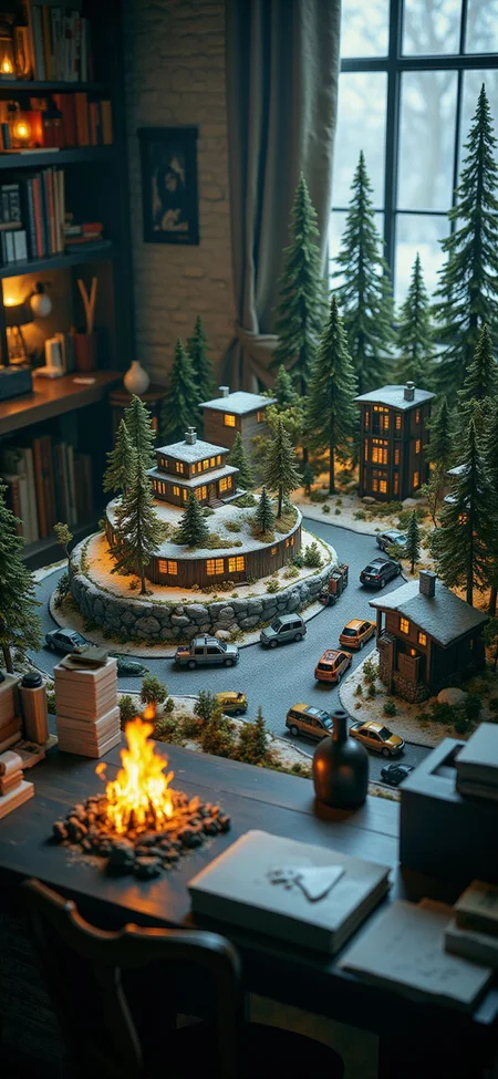(indoor,very wide isometric view,tilt-shift lens:1.6), (windowless,fna_style,miniature,miniature,diorama,miniature,diorama,PVC,plastic:2),starry night snow,forest,parking lot with crowded  at (floating island,levitating  island:1.5) on (table:2) at (attic:2.5)   <lora:Diorama_Flux:1>
<lora:Fantasy_Novel_Art_Style:1>