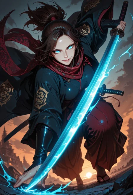 masterpiece, best quality,high quality, newest, highres,8K,HDR,absurdres, 1girl, mature female, solo, ponytail, long dark brown hair, glowing blue eyes, slit pupils, sexy smile expression, black and red checker patterned scarf, black kimono, haori, hakama pants, katana, samurai fantasy battlefield, stormy sky, dynamic pose, intense lighting, detailed background, depth of field, dynamic composition, foreshortening, detailed background, dynamic pose, dynamic composition,dutch angle, detailed backgroud,foreshortening,blurry edges <lora:iLLMythG0thicL1nes:1> G0thicL1nes