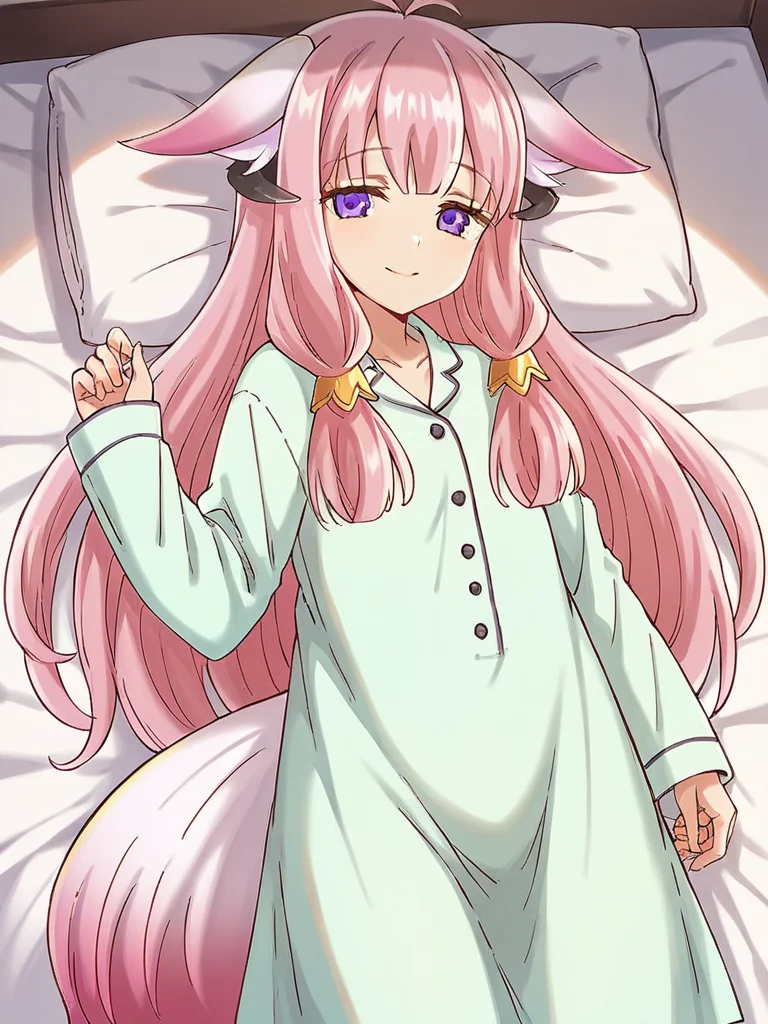 score_9, score_8_up, score_7_up,
1girl, hina rf, long hair, pink hair, purple eyes, low-tied sidelocks, horns, fox ears, fox tail,
pajama dress, long sleeves, lying, on back, on bed, narrowed eyes, tired, looking at viewer, smile, closed mouth,