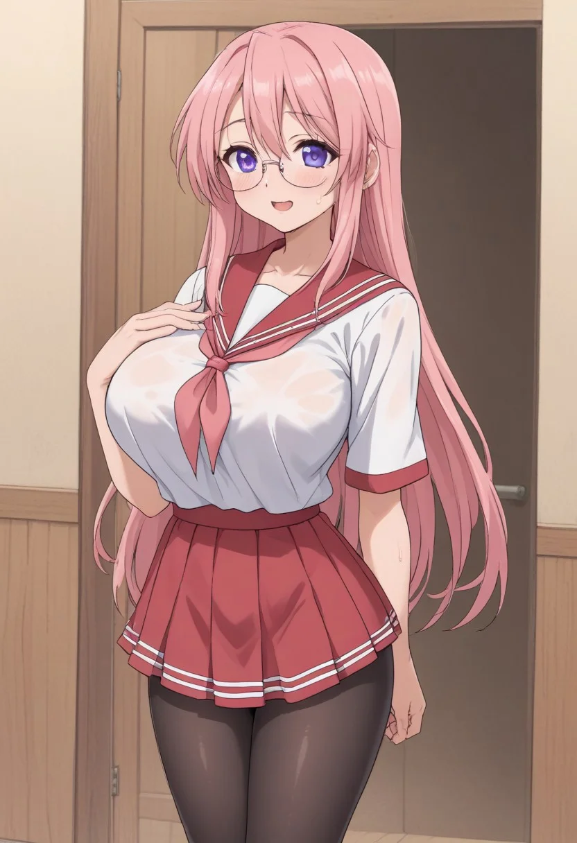 indoor, midnight, Health room, 
8k, super high vision:, intricate details, Super high quality, Super high resolution, masterpiece, full color, 
anime art, animation, 
beautiful breasts, huge breasts, 
super cute girl, super cute face, narrow waist, 
sweat, shiny skin, wet hair, wet body, droplet, 
looking at you sexually, sexually excited state, heterosexual, gonzo, 
smug, open your mouth, sigh, long breath, blush, bitch, 
standing, 
sailor collar, uniform, red skirt, pink neckerchief, mini skirt, black pantyhose, 
tiny hips, hips, thigh, 
miyuki takara, long hair, purple eyes, pink hair, glasses, cowboy shot, cowboy shot, cowboy shot,