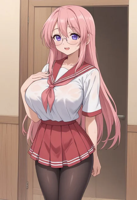 indoor, midnight, Health room,
8k, super high vision:, intricate details, Super high quality, Super high resolution, masterpiece, full color,
anime art, animation,
beautiful breasts, huge breasts,
super cute girl, super cute face, narrow waist,
sweat, shiny skin, wet hair, wet body, droplet,
looking at you sexually, sexually excited state, heterosexual, gonzo,
smug, open your mouth, sigh, long breath, blush, bitch,
standing,
sailor collar, uniform, red skirt, pink neckerchief, mini skirt, black pantyhose,
tiny hips, hips, thigh,
miyuki takara, long hair, purple eyes, pink hair, glasses, cowboy shot, cowboy shot, cowboy shot,