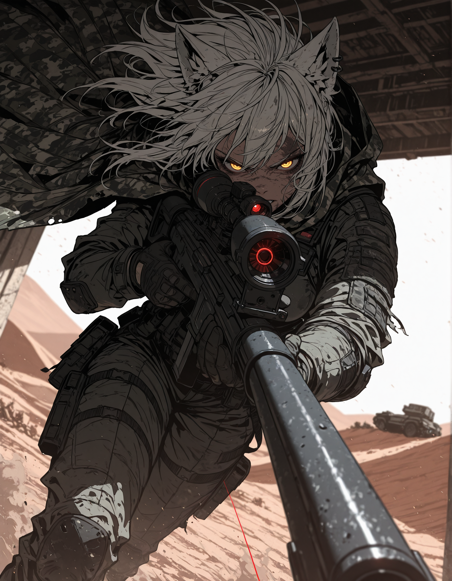 masterpiece, best quality,high quality, newest, highres,8K,HDR,absurdres, 1girl, solo, wolf ears, sniper rifle, camo cloak, tactical gear, scarred face, piercing yellow eyes, white hair with dark streaks, aiming at target, red laser sight, tactical gloves, mechanical eyepiece, futuristic sniper, high-tech scope, dusty battlefield, limited palette, intense expression, dynamic pose, dramatic lighting, strong depth of field, wind-blown hair, torn fabric, desert landscape, gritty realism, cinematic shot, dutch angle, foreshortening, blurred background, dust particles., detailed background, dynamic pose, dynamic composition,dutch angle, detailed backgroud,foreshortening,blurry edges, <lora:iLLMythSmo0thL1nes:1> Smo0thL1nes