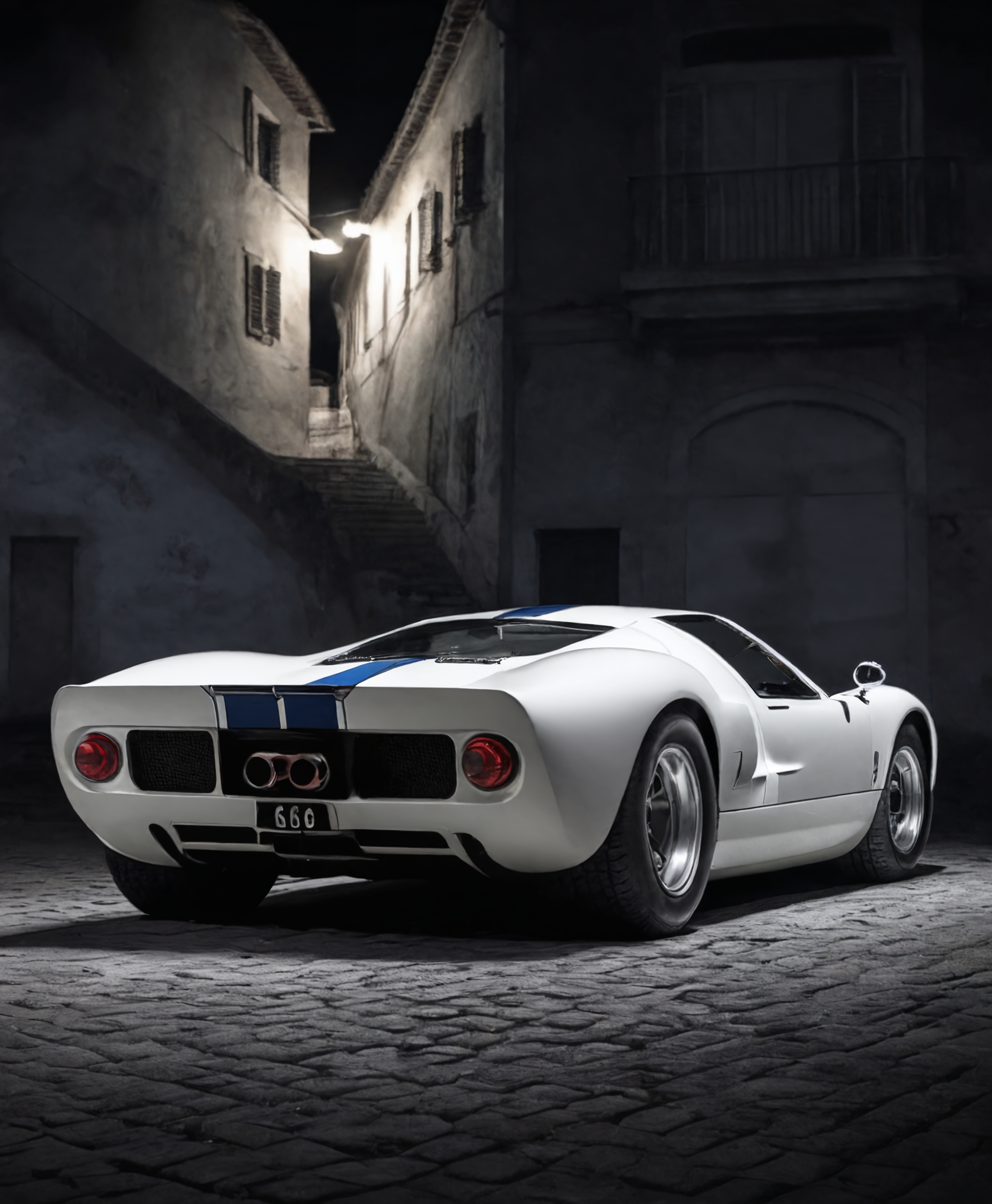 a photograph of a Arctic White fordgt40, l960sm1deng1ne, Rome, Italy: Ancient history meets modern elegance.  in Moonlit Night: Moonlight casting a silvery glow, providing a mystical and romantic atmosphere.,  hard shadows,  rear 3/4 view , (( )),  dark, chiaroscuro, low-key  low color saturation, concept art, perfect composition, masterpiece, professional photography, zeiss lens, shot on dslr 64 megapixels, sharp focus, intricately detailed, dramatic, tilt shift, f/32,