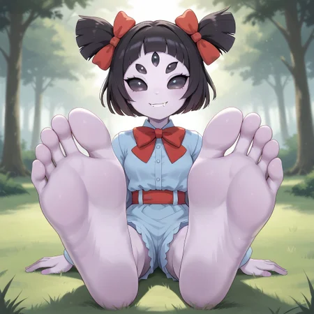 score_9, score_8_up, BREAK, (masterpiece:1.4), (best quality:1.2), solo, perfect anatomy, accurate anatomy, perfect feet, perfect soles, PONYXL_WaifuFeetPics_ownwaifu, solo, muffet (undertale), best quality, solo, anthro, ((six arms)), lavender skin, five eyes, twin pigtails, white fangs, red ribbons, red rompers with buttons, sexy pose, self portrait, smile, outdoors, sunlight, shadows, evening lighting, natural lighting, forest, trees, grass, orange sky, sunset, (((sitting, barefoot, foot focus, feet, soles)))