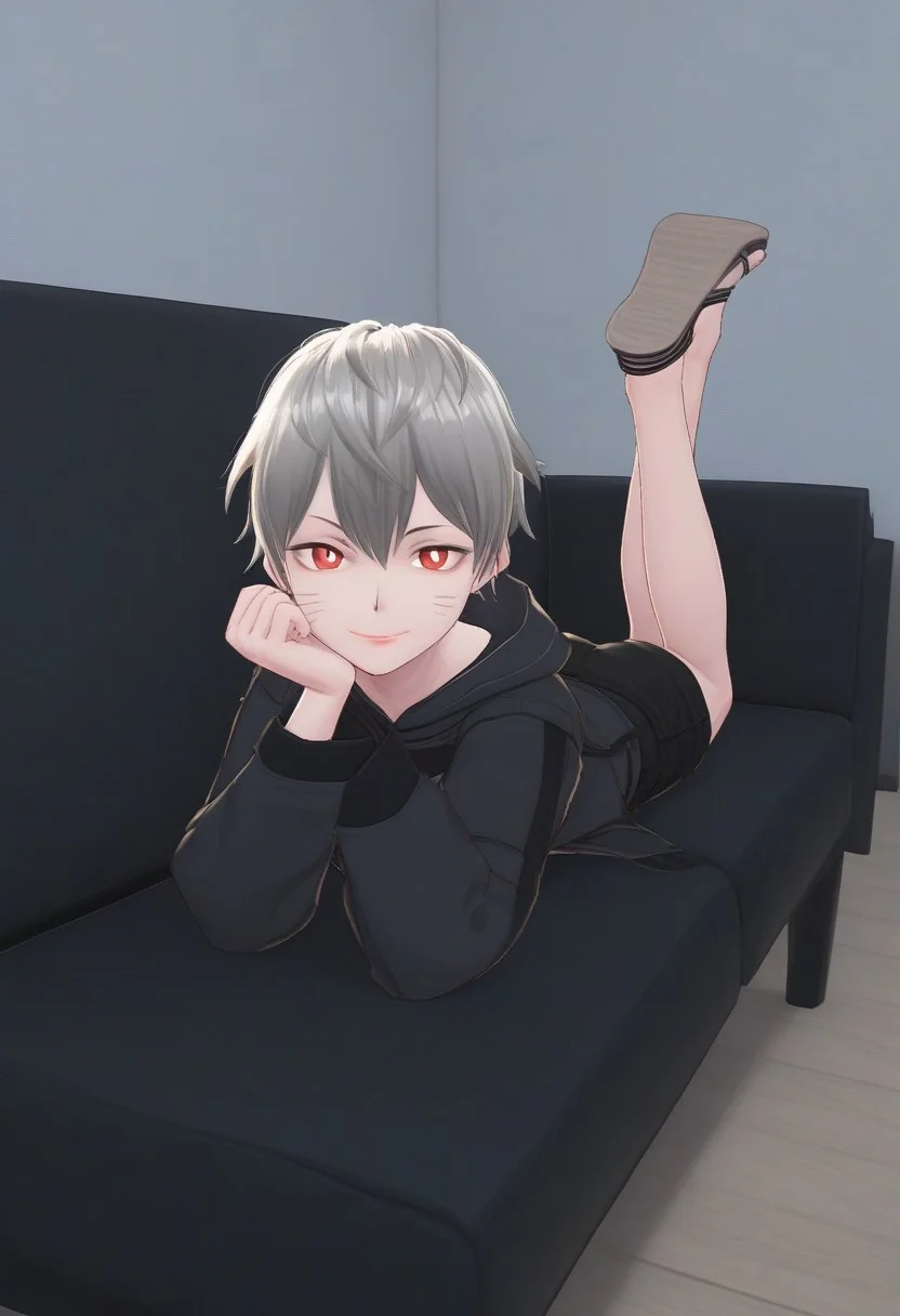 Canássy, solo, looking at viewer, smile, short hair, bangs, red eyes, long sleeves, jacket, grey hair, lying, shorts, indoors, hood, from side, black jacket, looking to the side, hoodie, black shorts, sandals, hood down, on stomach, couch, head rest, black hoodie