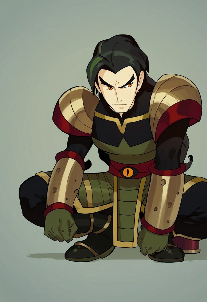 score_9, score_8_up, score_7_up, masterpiece, solo, 1boy, chas3xia, orange eyes, black hair, green highlights, armor, crouching, simple background,