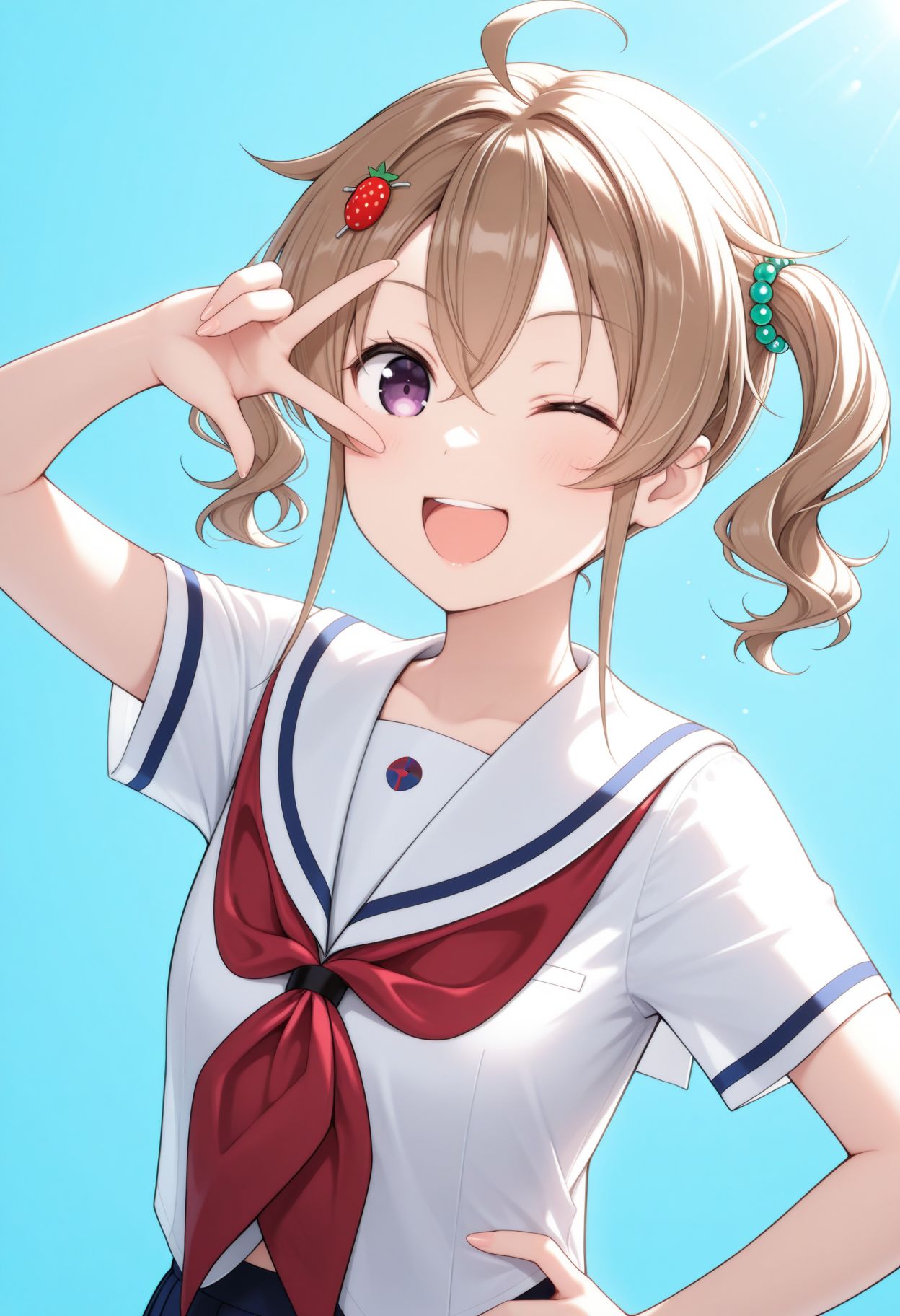 masterpiece,best quality,absurdres,highres,very aesthetic,high quality,detailed,insanely detailed,beautiful,perfect lighting, looking at viewer, hand on hips,smile, open mouth, light blue background,one eye closed, very awa
s <lora:Kimie Nagasawa :1> , 
1girl, school uniform, food-themed hair ornament, purple eyes, serafuku, smile, twintails, ahoge, looking at viewer, red neckerchief, short sleeves, brown hair, white shirt, short hair, hair between eyes, white sailor collar, upper body