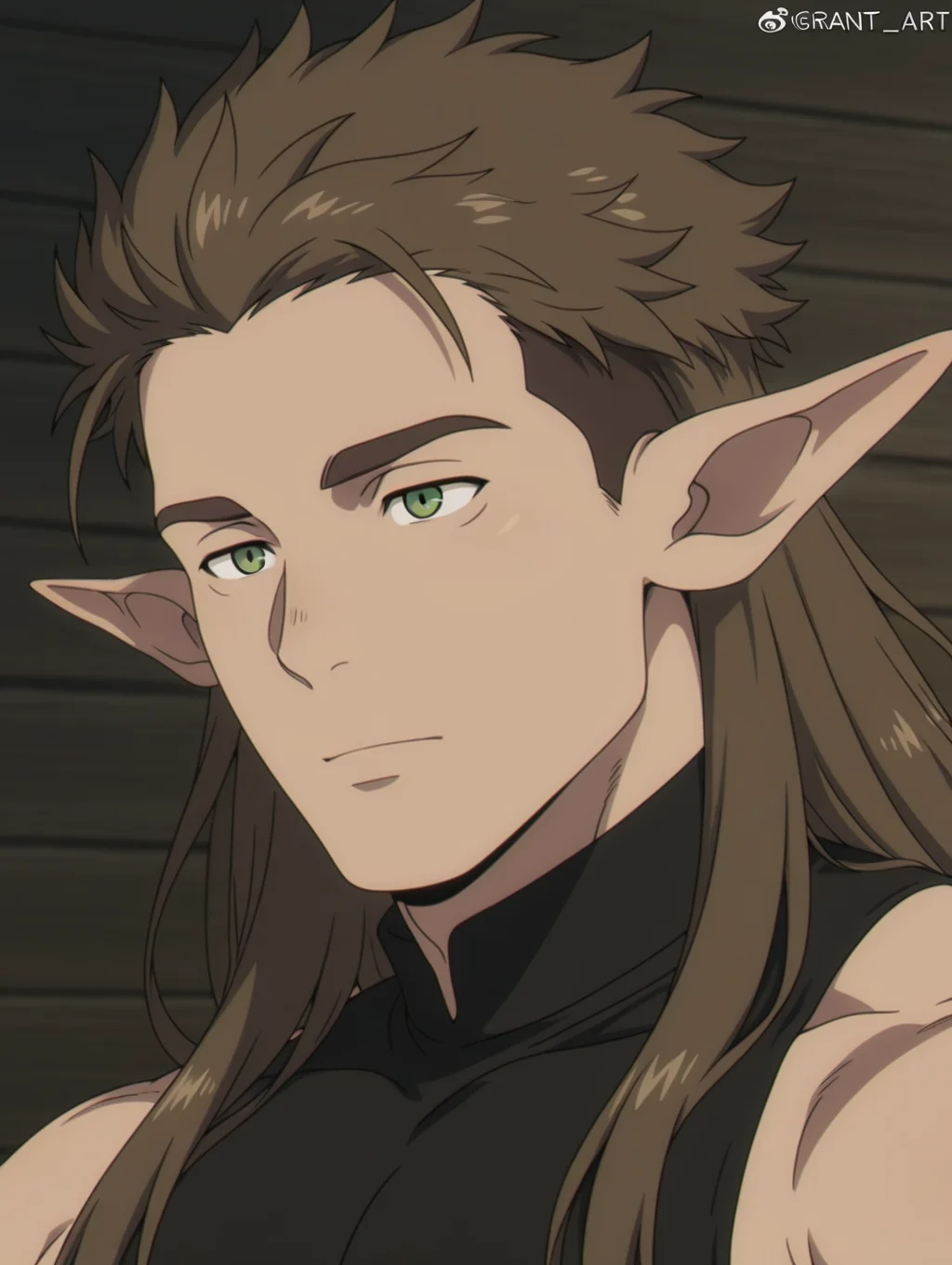 Kraft, green eyes, brown hair, long hair, pointy ears, 1 boy, solo, male focus, bara, masterpiece, best quality, amazing quality