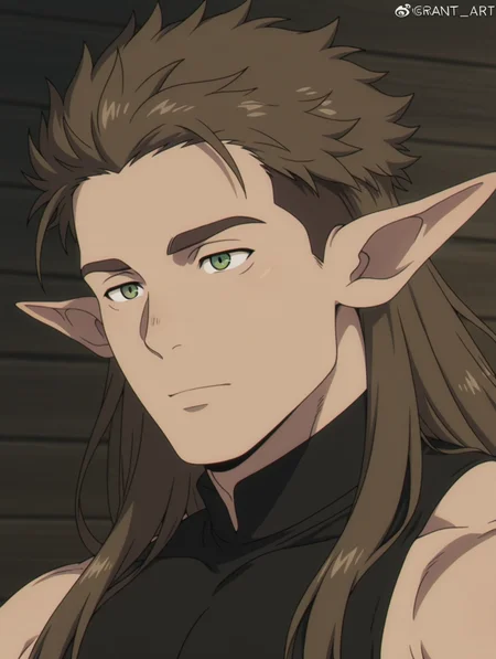 Kraft, green eyes, brown hair, long hair, pointy ears, 1 boy, solo, male focus, bara, masterpiece, best quality, amazing quality