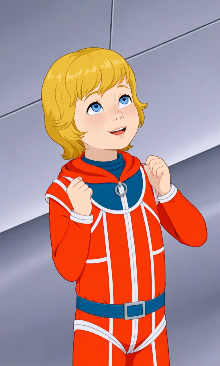 selezneva, blonde, blue eyes, short hair, red space suit, 1girl, 