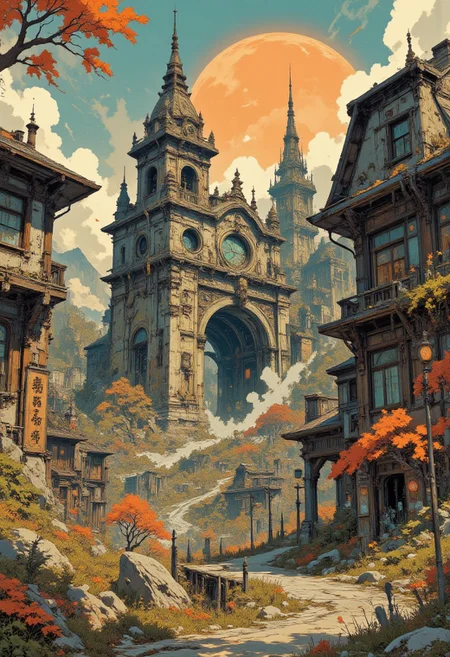 a painting of a castle in the middle of a town, a detailed matte painting by James Gilleard, cgsociety, fantasy art, kilian eng and thomas kinkade, in steampunk cityscape, jordan grimmer and james jean. A fantastical, ancient Japanese cityscape with ornate, aged architecture. The central focus is a grand, weathered gate made of stone and wood, adorned with intricate carvings and a large circular window. The gate is flanked by two tall, spired towers on either side, each topped with elaborate finials. The buildings surrounding the gate are multi-tiered, with sloping, tiled roofs and windows with wooden shutters. To the left, a wooden sign with Japanese characters hangs from a pole, adding to the historical ambiance. The foreground features a winding, stone-paved pathway leading towards the gate, flanked by lush, green foliage and vibrant red-orange autumn leaves. Small, rocky outcrops dot the pathway, and a few wooden lanterns add to the mystical atmosphere. The overall color palette is dominated by warm oranges, reds, and greens, with a touch of cool blue in the sky and the stone architecture. The scene is rich in detail. In the style of ff-td, vintage art, Fancha style. orange sphere on the background