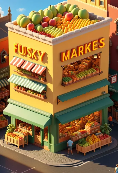 ispzxll, diorama, isometric, miniature, futuristic busy street corner market scene, golden hour, long shadows, volumetric lighting style, pedestrian crowds, fruit stands, parked cars, storefronts, epic architecture, intricate details, potted plants, ultra-detailed, 8k, fluffy clouds