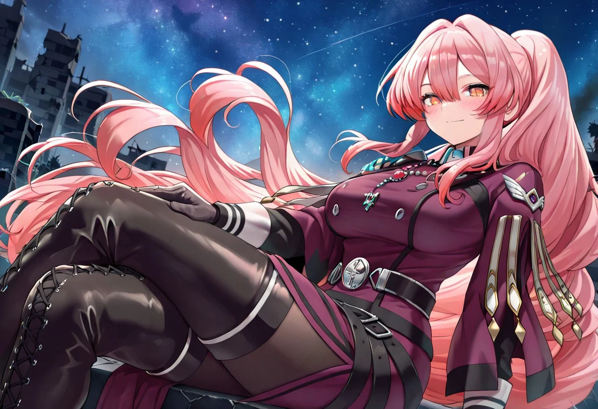 exosister martha, 3girl, 全身、sitting, smile, crossed legs, looking at viewer, night, starry sky, ((sky)), closed mouth, black cross-laced thigh boots, blush, large breasts, outdoors, black pantyhose, purple military dress uniform, purple capelet, black gloves, silver necklace, from side, ruins,
masterpiece,best quality,amazing quality,very aesthetic,absurdres,newest,<lora:Exosister Martha illusXL v1:0.7>,