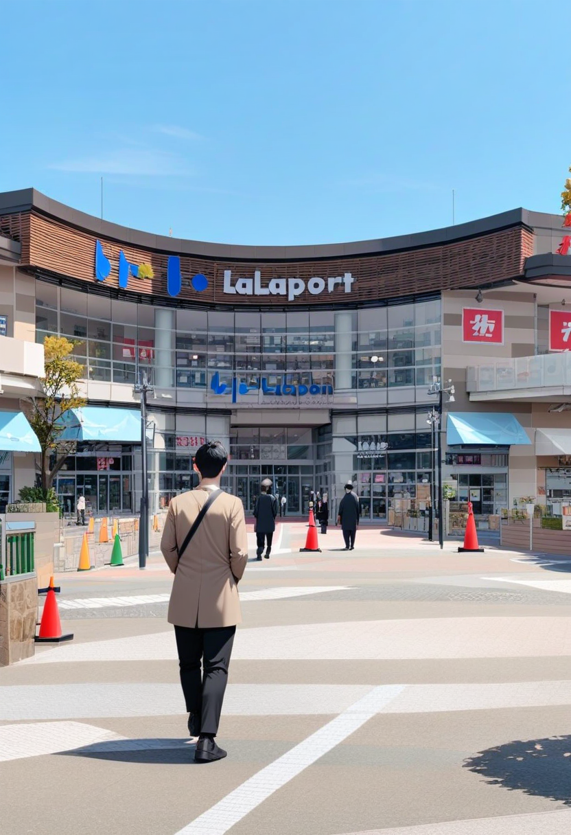 masterpiece, best quality, very aesthetic, absurdres,
lalapo, storefront, building, outdoors, scenery, tree, real world location, city, sign, lamppost, sky, traffic cone, japan, day, cityscape, 6+boys, multiple boys, people, blue sky
 <lora:lalaport_K_SDXL_V1:1>