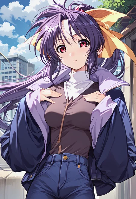 <lora:trumkuu_Pv11-000030:1>, ntrkuu, 1girl, denim, hair bow, jacket, jeans, long hair, long sleeves, pants, ponytail, purple hair, shirt, solo, turtleneck, upper body, high quality, sky,, BREAK score_9, score_8_up, score_7_up, score_6_up, source_anime, best quality,