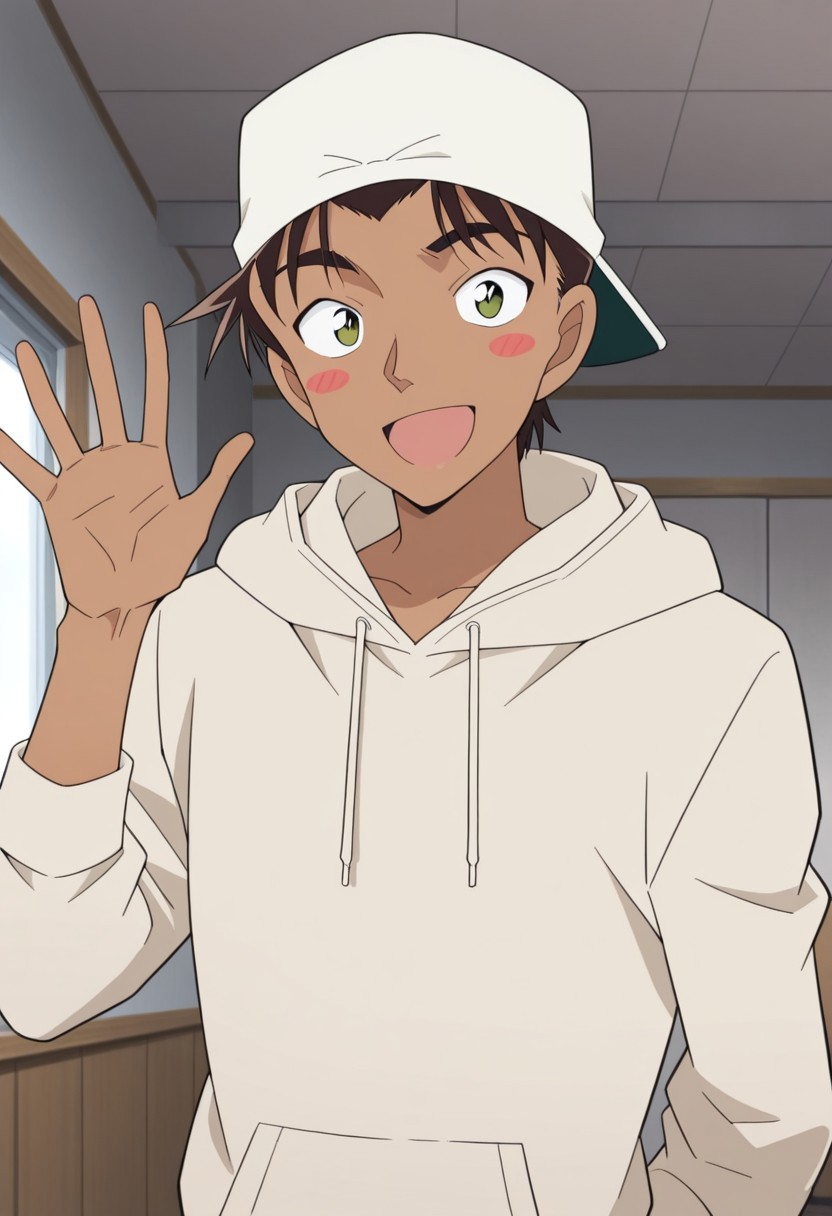 masterpiece,best quality,amazing quality, source_anime,
heijihattori, 1boy, male focus, open mouth, smile, hoodie, hood, solo, hat, blush stickers, waving, blush, upper body, looking at viewer, hand up, :d, indoors, backwards hat, dark skin, dark-skinned male, brown hair,