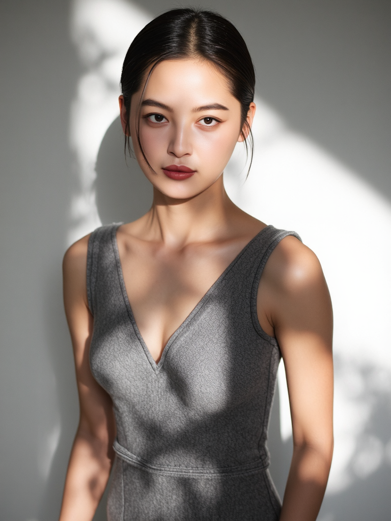 There are wonderful studio lights and various reflections,her thin face is very delicate,
18yo beautiful cute girl with blushing and female orgasm.skin naturally showing the texture of blood vessels and detailed pale skin,looking at viewer,
cowboy shot,full body,--,
--,<lora:Xin_Zhilei_f1_rank2_bf16:1>,she is Xin Zhilei,
--, A minimalist âå·æ·¡é£â muse in a tailored grey cashmere sheath dress with sharp architectural seams, standing in a white cube room flooded with soft, diffused northern light â the stark simplicity and tactile luxury materials emphasize her statuesque poise and serene confidence.