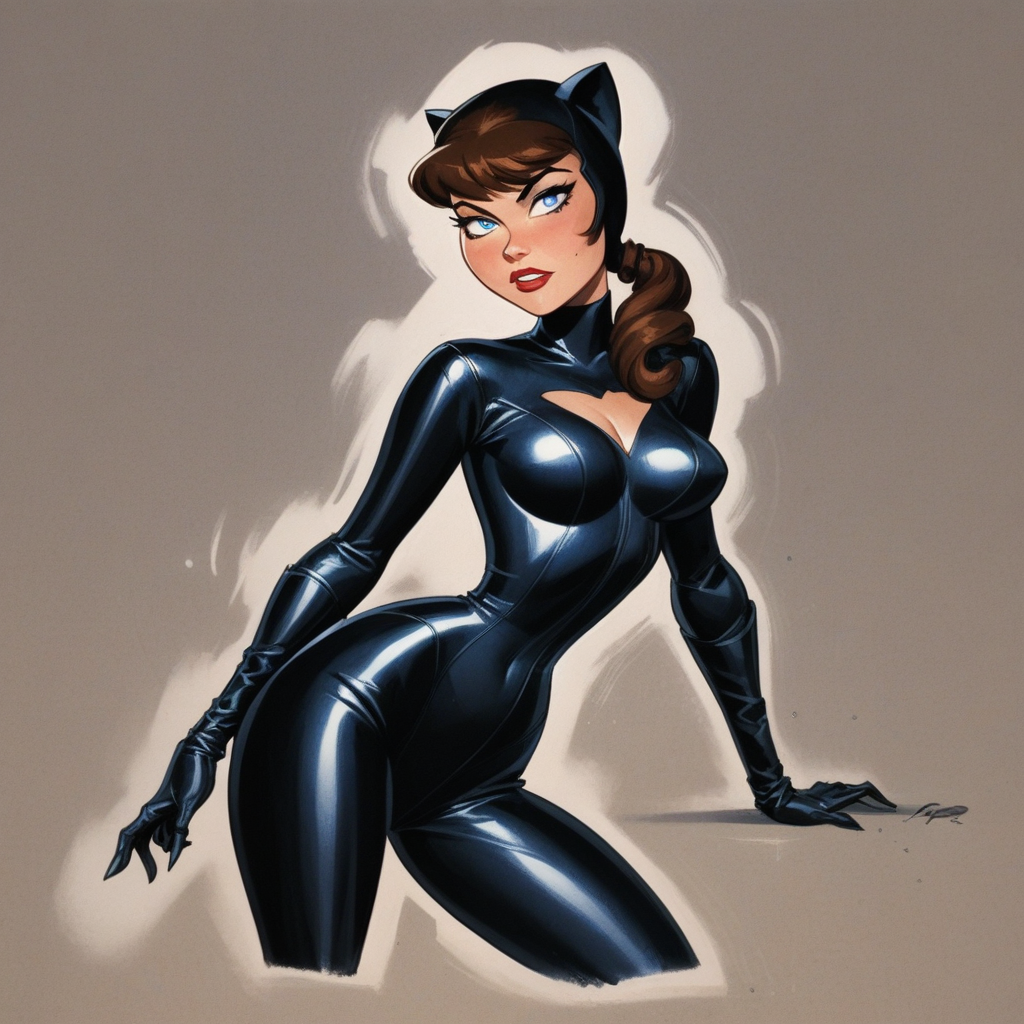 score_9, score_8_up, score_7_up,score_6_up, artist style:Urushihara Satoshi, source_hentai, source_anime, masterpiece, 2D, catwoman, selina_kyle, bruce_timm, pinup_(style), T1mmStyl3,  BREAK, selina_kyle,, solo, 1woman, brown hair, blue eyes, catsuit, leather, skintight, black_bodysuit, pinup,