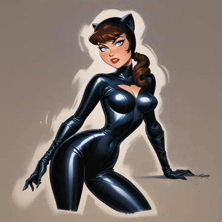 score_9, score_8_up, score_7_up,score_6_up, artist style:Urushihara Satoshi, source_hentai, source_anime, masterpiece, 2D, catwoman, selina_kyle, bruce_timm, pinup_(style), T1mmStyl3, BREAK, selina_kyle,, solo, 1woman, brown hair, blue eyes, catsuit, leather, skintight, black_bodysuit, pinup,