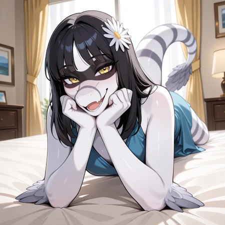 1girl, highres, absurdres, newest, masterpiece, best quality, furry, furry_female, Lunara_iwhtg, bambiraptor, double gray striped snout, black mask eye marking, black hair, white flower hair ornament, feathered arms, snout, long snout, gray striped thighs, white skin, tail, feathered tail tip, gray striped tail, yellow eyes, sleeveless blue dress, anthro, detailed eyes, (hands on chin, on_stomach:1.1), open_mouth, open mouth smile, luxurious detailed room, bright room, day scene, professional lighting, white bed, solo, bedroom, smiling, seductive, looking_at_viewer, masterpiece, close up, safe