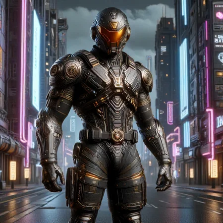 man in mad-bdyarmr patrolling a cyberpunk road at night, afrofuturism <lora:Neon_Cyberpunk_Bodyarmor_SDXL:0.8> fullbody view, <lora:dvr-frft:0.7> dvr-frft style