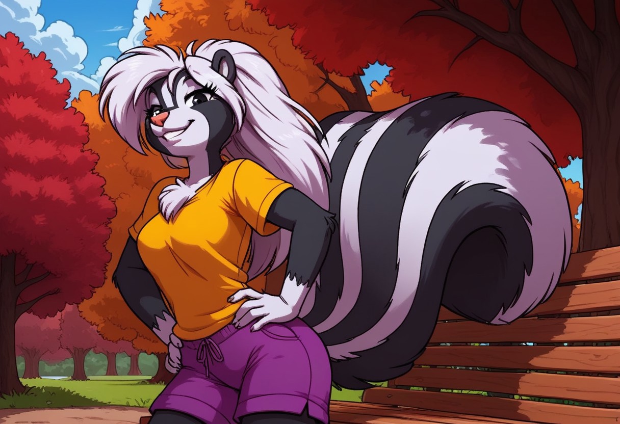 score_7, score_8, score_9, dynamic lighting, detailed background, background is park, benches, trees, walkway, clouds, sunny, glowing, close up, cowboy shot
BREAK 
Solo, 1 female, single female, anthro, furry female, female skunk, Tabitha Skunk, short, white black, long hair, (white hair), pink animal nose, black eyes, (skunk tail), feet claws, chest fur tuft, ((white cheeks))
BREAK 
standing, looking at viewer, smiling, purple shorts, yellow t shirt, hands on hips