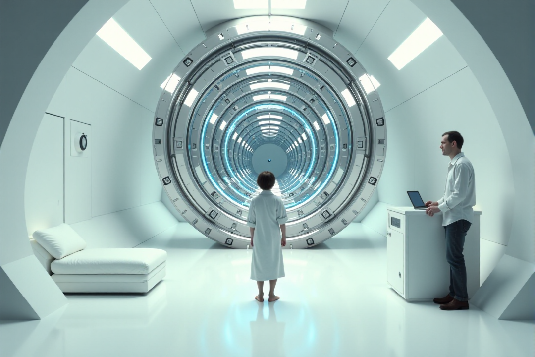 "Visualize the pristine, almost sterile white interior of the Heart of Gold spaceship's bridge. The iconic Infinite Improbability Drive, a vast, geometrically complex structure of polished chrome and softly glowing blue lights, dominates the center of the frame, perfectly symmetrical. Arthur Dent, in a slightly disheveled dressing gown, stands in the foreground, dwarfed by the sheer scale of the technology, his expression a mixture of bewilderment and mild terror. Ford Prefect, looking nonchalant in a slightly too-loud shirt, leans against a sleek, minimalist console, observing Arthur with a detached amusement. The lighting is cold and even, reminiscent of a brightly lit laboratory, with long, sharp shadows cast by the stark white walls and the Drive's intricate components. Focus on the vastness of the space and the feeling of being utterly out of one's depth in the face of advanced, incomprehensible technology. 8k resolution, hyperrealistic rendering, symmetrical composition, cold lighting, minimalist design, Kubrickian sci-fi aesthetic."  <lora:cinematic film IMAX70mm Filmstrip style v1:0.8> cinematic film style, IMAX70mm , filmstrip borderâââ