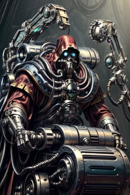 ((masterpiece,best quality)), absurdres, BREAK
mechanical arms, robes, hood, BREAK
((techpriest)), cyborg, mechanical face, mechanical limbs, gas mask, mechanical tentacles, (mechanical backpack), blue cloak, BREAK
1other, solo, holding gun, weapon, gun, firearm, BREAK
(chrometech ),