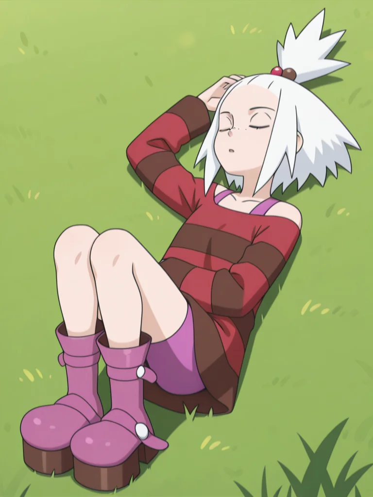 1girl, lying, on back, on grass, sleeping, hand_on_head,
<lora:roxie_2_pe:1>Roxi5,pale skin, freckles,
Roxi5,blue eyes,pale skin, freckles,
white hair, tied in a high,spiky ponytail ,hair ornament, red and brown hair bobbles,
pink vest top,
loose dress, striped dress,red and brown striped,
pink bike shorts,
pink boots platform,brown sole,, masterpiece, high quality, absurdres, best quality, very aesthetic, newest,