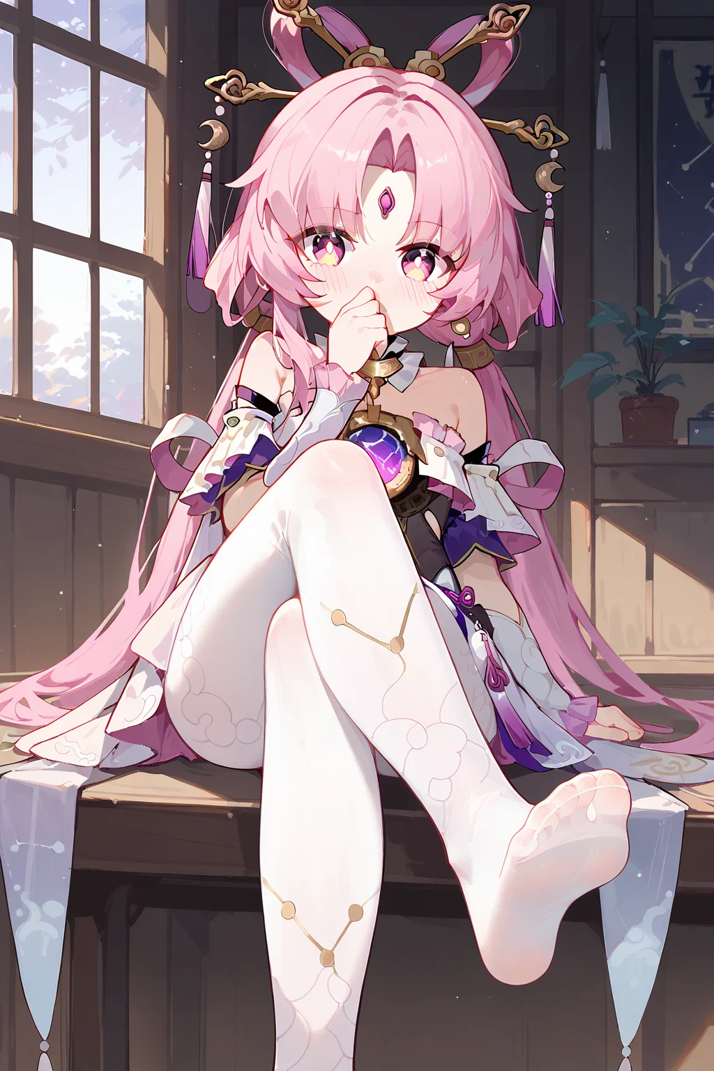 (score_9,score_8_up,score_7_up),<lora:Fu Xuan(Honkai Star Rail)-v1:1>,Fu Xuan(Honkai Star Rail),1girl,solo,pink hair,sitting,long hair,feet,crossed legs,looking at viewer,hair rings,bangs,dress,parted bangs,pantyhose,no shoes,soles,bare shoulders,hair ornament,toes,white pantyhose,white dress,blush,covering mouth,forehead jewel,frills,pink eyes,hand up,forehead mark,detached sleeves,indoors,
good feet,anime,NSFW,expressive,amazing quality,ultra hd 32k,