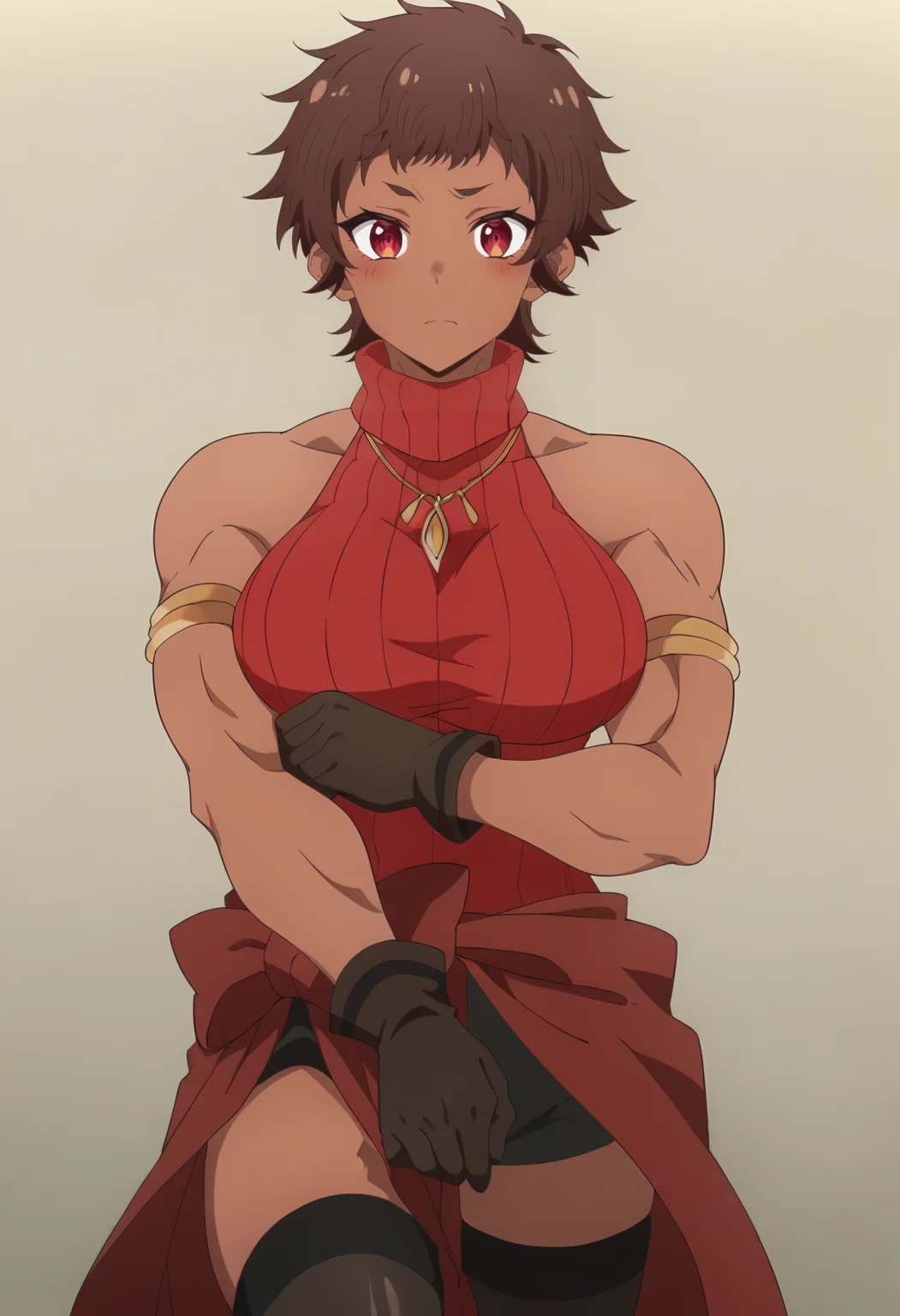 <lora:Blossom:0.9> blossom, short hair, brown hair, dark-skinned female, 1girl, red eyes, solo, large breasts, muscular female, necklace, black gloves, jewelry, sleeveless, bare shoulders, blush,armlet, red sweater, black thighhighs, sleeveless turtleneck, turtleneck sweater, cowboy shot, looking at viewer, score_9, score_7_up,anime coloring ,source_anime, anime