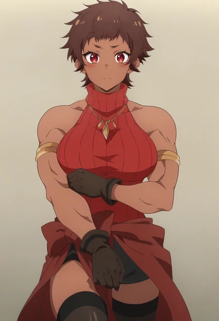 <lora:Blossom:0.9> blossom, short hair, brown hair, dark-skinned female, 1girl, red eyes, solo, large breasts, muscular female, necklace, black gloves, jewelry, sleeveless, bare shoulders, blush,armlet, red sweater, black thighhighs, sleeveless turtleneck, turtleneck sweater, cowboy shot, looking at viewer, score_9, score_7_up,anime coloring ,source_anime, anime