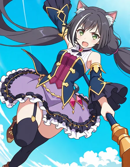 (karyl (priconne),streaked hair,multicolored hair,black hair,white hair,very long hair,low twintails,bangs,purple bow,green eyes,fang,cat girl,animal ear fluff,cat ears,cat tail,sleeveless shirt,long wide frilled detached sleeves,bare shoulder,purple frilled skirt,black thighhighs,holding staff,serious,,1girl),sky,cloud,day,
(dynamic pose,dynamic angle,foreshortening,pov,close to viewer:2),
looking at viewer,
medium breasts,
perky breasts,realistic proportions,natural looking breasts,explicit,hair between eyes,strong outlines,clean lineart,harsh lines,slim,curvy,(narrow waist:0.1), wide hips,thick thighs,detailed body,skindentation,matte skin,smooth skin,deep skin,soft brightness,detailed mouth,kawaii,moe face,
(anime screencap),(anime coloring:1.2),anime style, Japanese anime, cel-shading, clean lineart, vibrant colors, sharp facial features, 2D illustration, anime screencap style,anime background scenery,detailed linework,intricate details,(masterpiece,best quality,amazing quality),IllusP0s,(very aesthetic,absurdres:1.2),16k,highres,perfect hands,five fingers,detailed hands,
<lora:ããªã³ã»ã¹ã³ãã¯ãReDiveãã£ã«illustriousPrincess_Connect_ReDivekarylillustrious:1:0.8>
